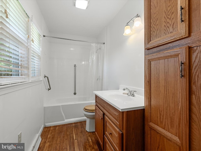 310 Bethel Rd, Paw Paw, WV 25434 - bathroom with shower / bathtub combination with curtain, toilet, wood finished floors, vanity, and baseboard heating