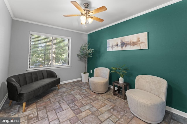 11866 S Lakes Ct, Reston, VA 20191 - living area featuring crown molding, ceiling fan, and brick patterned floors