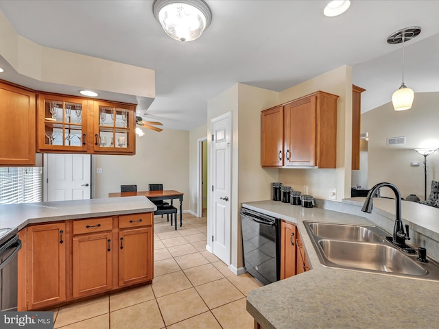 1353 Stag Dr, Auburn, PA 17922 - kitchen with black dishwasher, a sink, a peninsula, light tile patterned flooring, and a ceiling fan