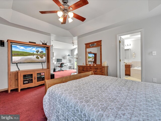 1353 Stag Dr, Auburn, PA 17922 - bedroom featuring carpet, vaulted ceiling, ensuite bathroom, and a ceiling fan