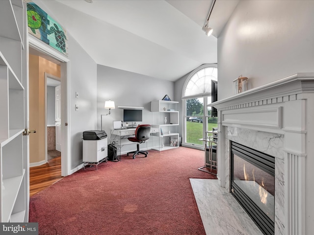 1353 Stag Dr, Auburn, PA 17922 - office area with carpet floors, lofted ceiling, a fireplace, rail lighting, and baseboards
