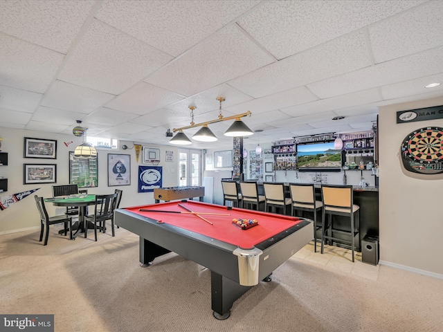 1353 Stag Dr, Auburn, PA 17922 - playroom featuring carpet, bar with sink, baseboards, pool table, and a paneled ceiling