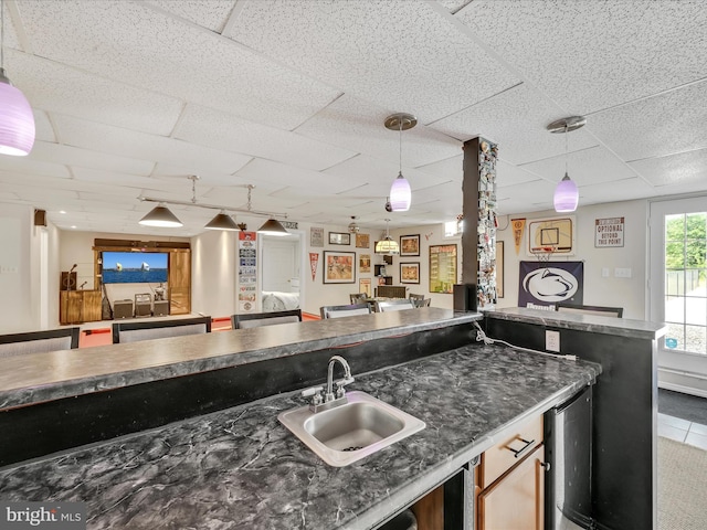 1353 Stag Dr, Auburn, PA 17922 - kitchen with a sink, dark countertops, a drop ceiling, and decorative light fixtures