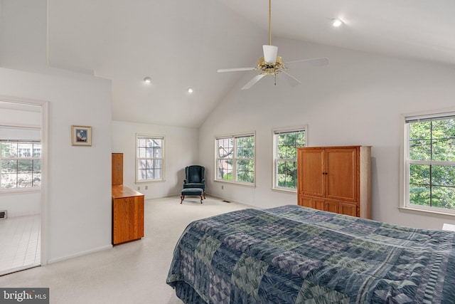 197 Victoria Ct, Doylestown, PA 18901 - bedroom with carpet, multiple windows, high vaulted ceiling, recessed lighting, and a ceiling fan