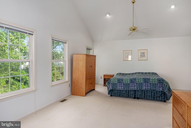 197 Victoria Ct, Doylestown, PA 18901 - bedroom featuring light colored carpet, lofted ceiling, and ceiling fan