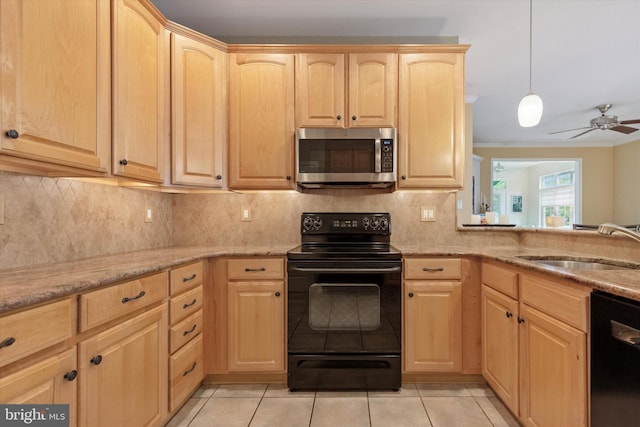 151 Lattice Ln, Collegeville, PA 19426 - kitchen featuring stainless steel microwave, black electric range, light brown cabinets, dishwasher, and light stone counters