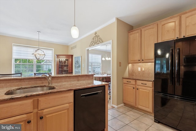 151 Lattice Ln, Collegeville, PA 19426 - kitchen with freestanding refrigerator, dishwashing machine, a chandelier, light brown cabinetry, and ornamental molding