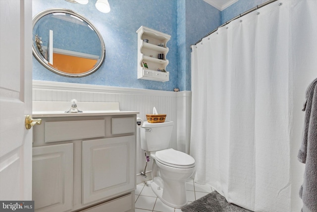 151 Lattice Ln, Collegeville, PA 19426 - bathroom featuring tile patterned floors, vanity, wainscoting, and curtained shower