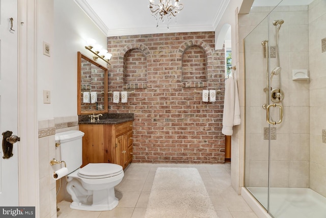 35175 Snickersville Tpke, Round Hill, VA 20141 - bathroom featuring brick wall, ornamental molding, tile patterned flooring, toilet, and a stall shower