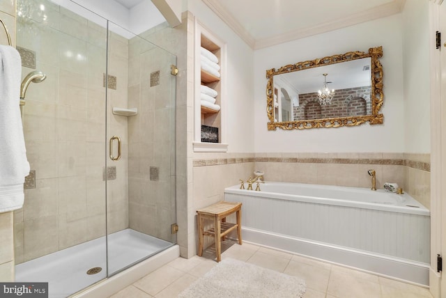 35175 Snickersville Tpke, Round Hill, VA 20141 - full bathroom with a bath, tile patterned floors, a shower stall, crown molding, and a wainscoted wall