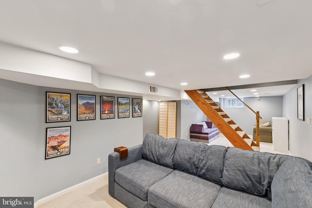 2907 Summerfield Rd, Falls Church, VA 22042 - carpeted living room with stairs and recessed lighting