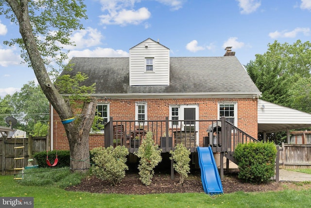 2907 Summerfield Rd, Falls Church, VA 22042 - rear view of property featuring brick siding, a chimney, a shingled roof, a wooden deck, and a playground