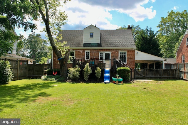 2907 Summerfield Rd, Falls Church, VA 22042 - rear view of house with brick siding, a deck, a chimney, and roof with shingles
