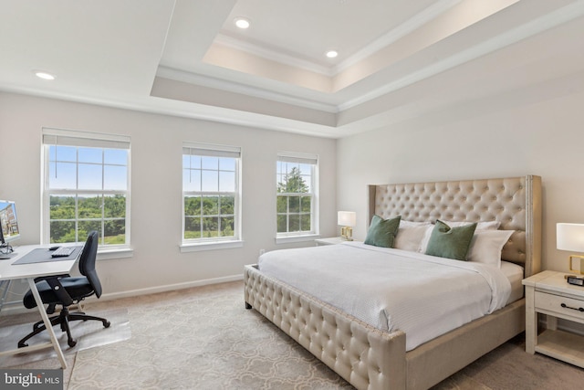 5504 Lanteen St, Lanham, MD 20706 - bedroom with ornamental molding, recessed lighting, a raised ceiling, light colored carpet, and a desk