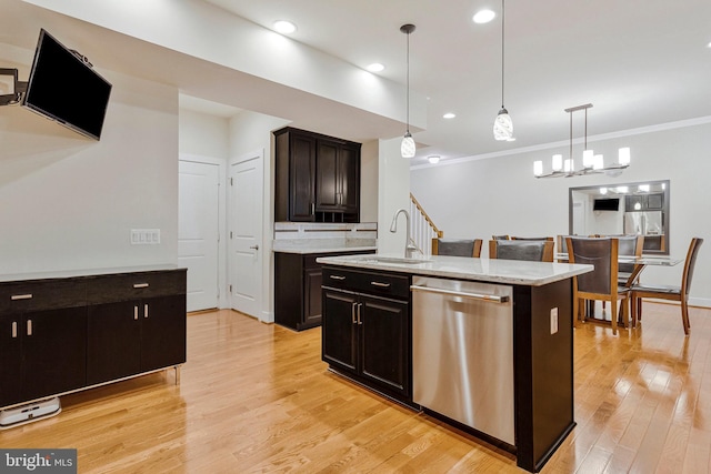 9726 Knowledge Dr, Laurel, MD 20723 - kitchen featuring dishwasher, a sink, pendant lighting, light wood-type flooring, and ornamental molding