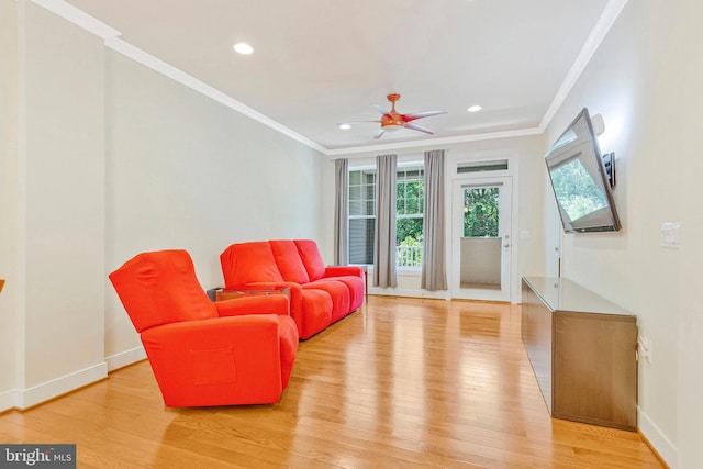 9726 Knowledge Dr, Laurel, MD 20723 - living area featuring light wood-style floors, ornamental molding, baseboards, recessed lighting, and ceiling fan