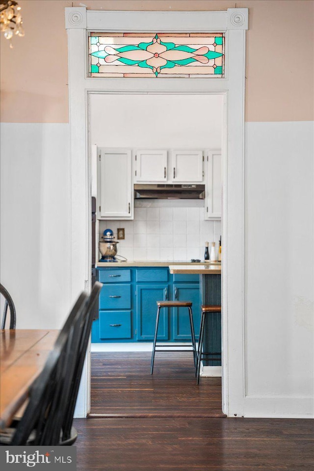 413 E A St, Brunswick, MD 21716 - kitchen with under cabinet range hood, dark wood-type flooring, blue cabinets, tasteful backsplash, and white cabinets