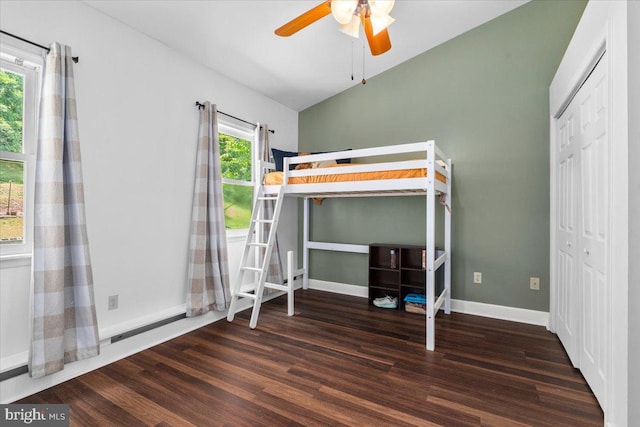 413 E A St, Brunswick, MD 21716 - unfurnished bedroom with wood finished floors, a ceiling fan, lofted ceiling, and a closet