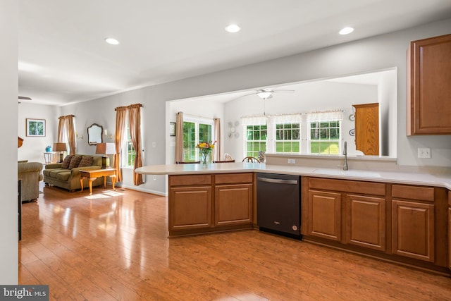 3611 Cogswell Ct, Abingdon, MD 21009 - kitchen featuring dishwasher, a sink, a ceiling fan, open floor plan, and a peninsula