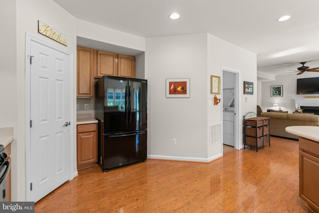 3611 Cogswell Ct, Abingdon, MD 21009 - kitchen with freestanding refrigerator, a ceiling fan, open floor plan, light countertops, and recessed lighting