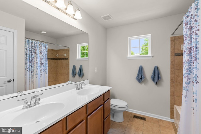 3611 Cogswell Ct, Abingdon, MD 21009 - full bathroom featuring double vanity, toilet, tile patterned flooring, baseboards, and shower / bathtub combination with curtain
