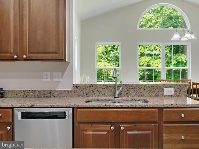 15446 Symondsbury Way, Upper Marlboro, MD 20774 - kitchen with dishwasher, a sink, a chandelier, brown cabinetry, and light stone counters