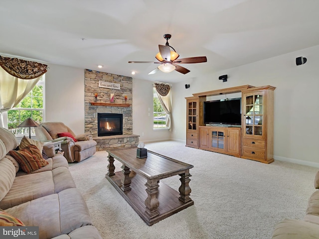 15446 Symondsbury Way, Upper Marlboro, MD 20774 - carpeted living area with ceiling fan, baseboards, a fireplace, and recessed lighting