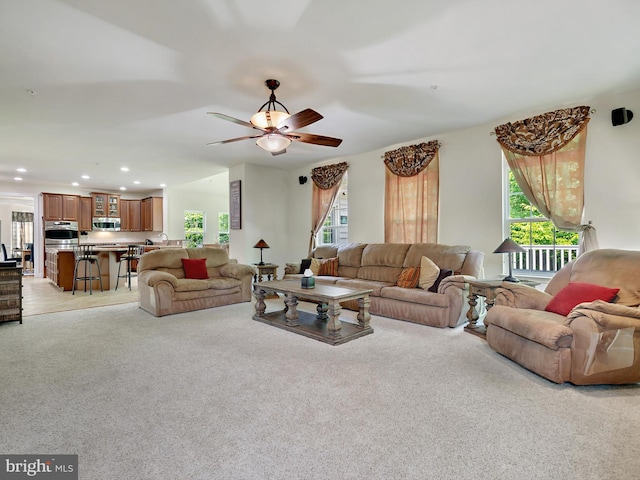 15446 Symondsbury Way, Upper Marlboro, MD 20774 - living room with light colored carpet, ceiling fan, and recessed lighting
