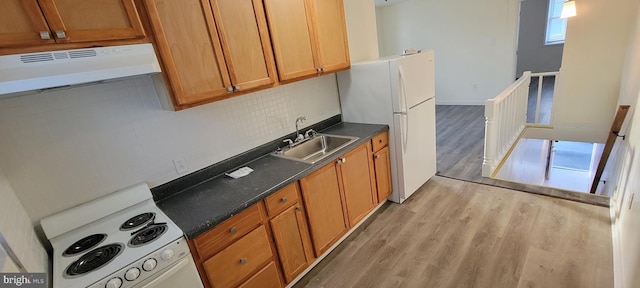 3063 Joyce St, Philadelphia, PA 19134 - kitchen with range, under cabinet range hood, a sink, light wood-style flooring, and freestanding refrigerator