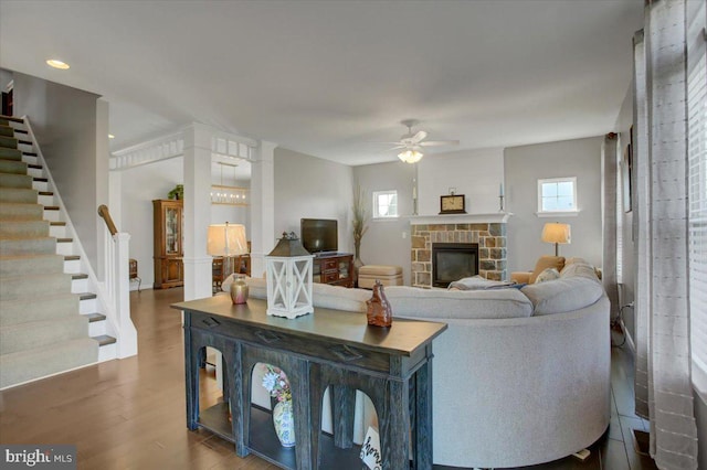 21 Bayberry Rd, Carlisle, PA 17013 - living room featuring a ceiling fan, a fireplace, healthy amount of natural light, wood finished floors, and recessed lighting