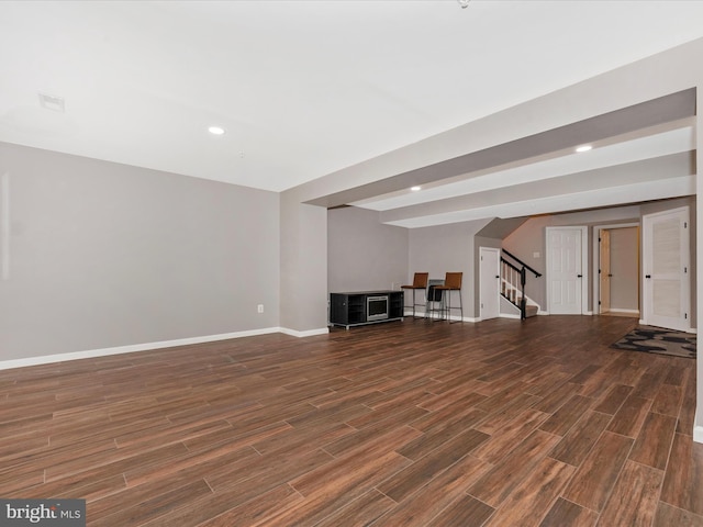 6529 Carston Ct, Frederick, MD 21703 - unfurnished living room with wood finished floors, stairway, baseboards, and recessed lighting