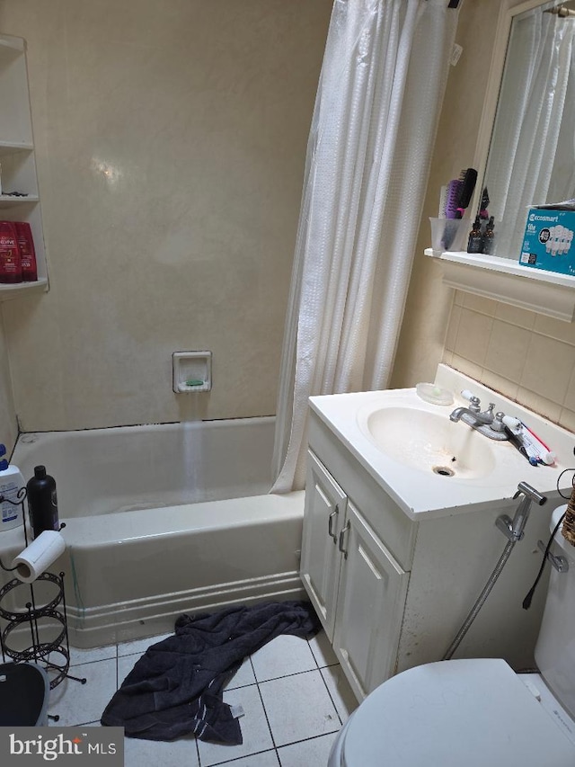 6340 Calvert St, Philadelphia, PA 19149 - bathroom with shower / bath combination with curtain, toilet, tile patterned flooring, and vanity