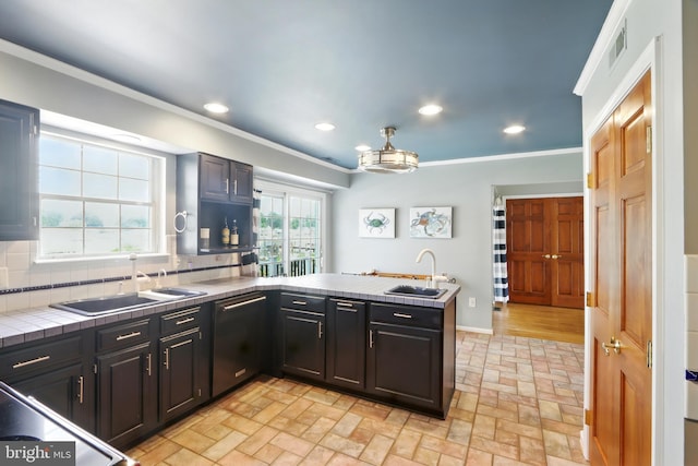6082 Drum Point Rd, Deale, MD 20751 - kitchen with dishwasher, brick patterned flooring, recessed lighting, a peninsula, and tile countertops