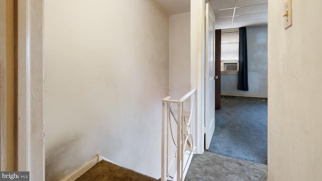 6254 Marsden St, Philadelphia, PA 19135 - stairway with carpet, baseboards, cooling unit, and a drop ceiling