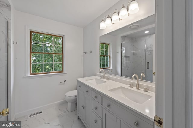 6 Constantine Dr, Phoenix, MD 21131 - bathroom featuring marble finish flooring, baseboards, double vanity, a marble finish shower, and toilet