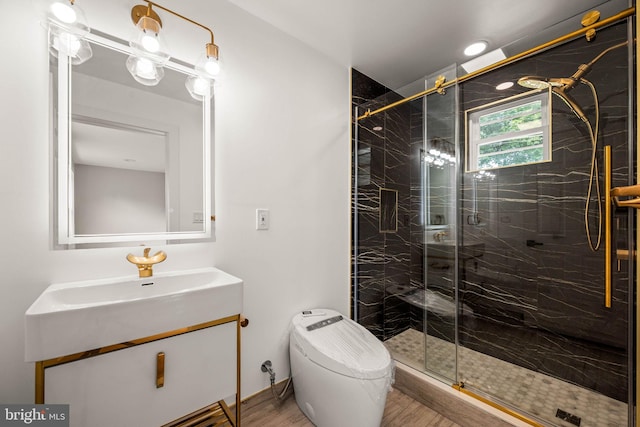 8255 Mertztown Rd, Alburtis, PA 18011 - full bath featuring vanity, wood finished floors, a marble finish shower, and toilet