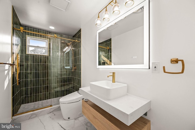 8255 Mertztown Rd, Alburtis, PA 18011 - bathroom with toilet, a tile shower, vanity, marble look tiles, and recessed lighting