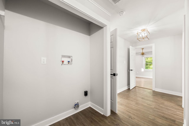 8255 Mertztown Rd, Alburtis, PA 18011 - washroom with washer hookup, baseboards, a chandelier, dark wood-style floors, and ceiling fan