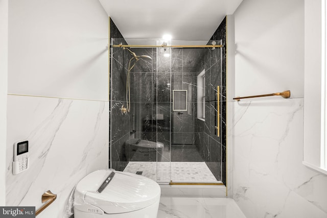 8255 Mertztown Rd, Alburtis, PA 18011 - full bathroom with marble look tiles, toilet, a marble finish shower, and tile walls