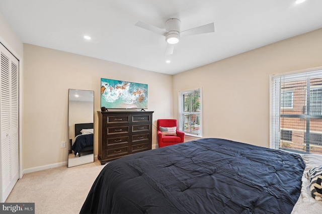 104 S St, Annapolis, MD 21401 - bedroom with light colored carpet, baseboards, a closet, recessed lighting, and ceiling fan