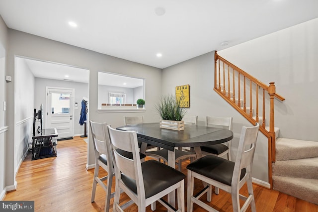 104 S St, Annapolis, MD 21401 - dining space with stairway, light wood-style floors, recessed lighting, and baseboards