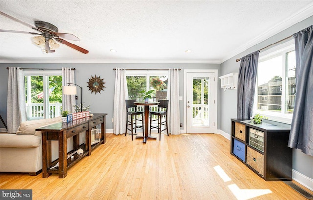 1323 Washington Dr, Annapolis, MD 21403 - living area featuring light wood-style flooring, crown molding, baseboards, and a ceiling fan