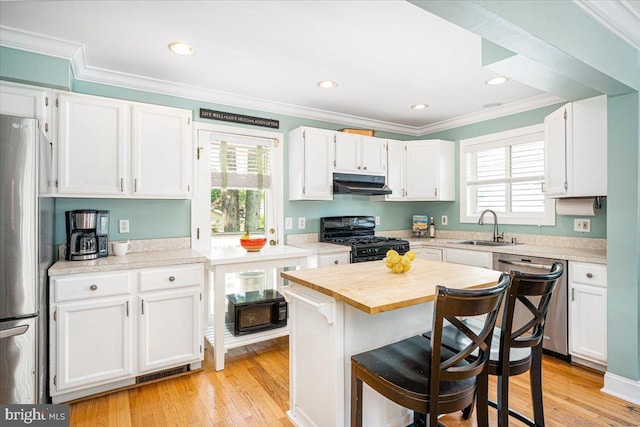 1323 Washington Dr, Annapolis, MD 21403 - kitchen featuring stainless steel appliances, under cabinet range hood, a sink, crown molding, and plenty of natural light