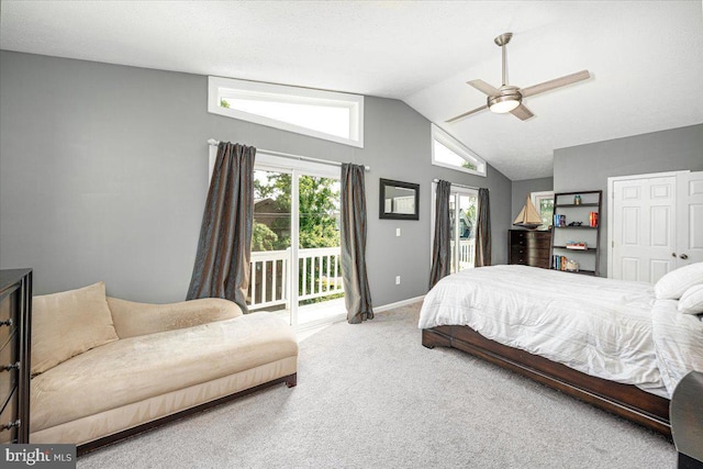 1323 Washington Dr, Annapolis, MD 21403 - bedroom featuring access to exterior, carpet floors, lofted ceiling, baseboards, and a ceiling fan
