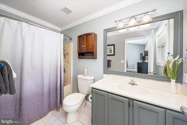1323 Washington Dr, Annapolis, MD 21403 - bathroom with vanity, tile patterned floors, toilet, ornamental molding, and shower / bath combo with shower curtain
