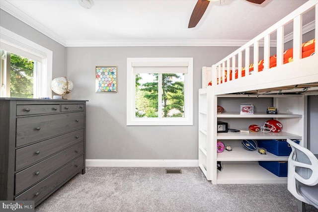 1323 Washington Dr, Annapolis, MD 21403 - bedroom featuring carpet flooring, multiple windows, ornamental molding, baseboards, and a ceiling fan