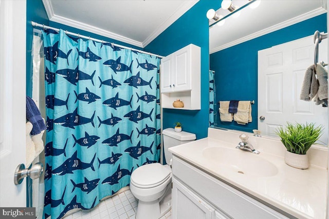 1323 Washington Dr, Annapolis, MD 21403 - full bathroom featuring vanity, toilet, ornamental molding, and a shower with shower curtain