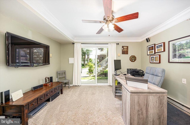 1323 Washington Dr, Annapolis, MD 21403 - carpeted home office with crown molding, a baseboard heating unit, and a ceiling fan