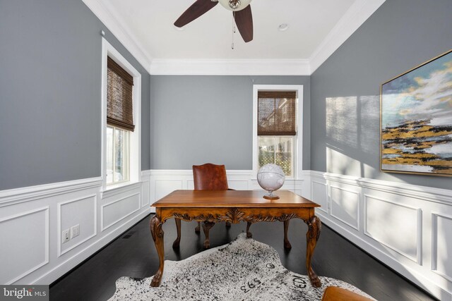 1200 Prince Edward St, Fredericksburg, VA 22401 - home office with wood finished floors, ornamental molding, a ceiling fan, and a wainscoted wall