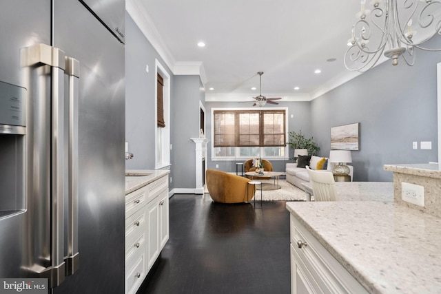 1200 Prince Edward St, Fredericksburg, VA 22401 - kitchen with freestanding refrigerator, crown molding, a ceiling fan, white cabinetry, and light stone counters